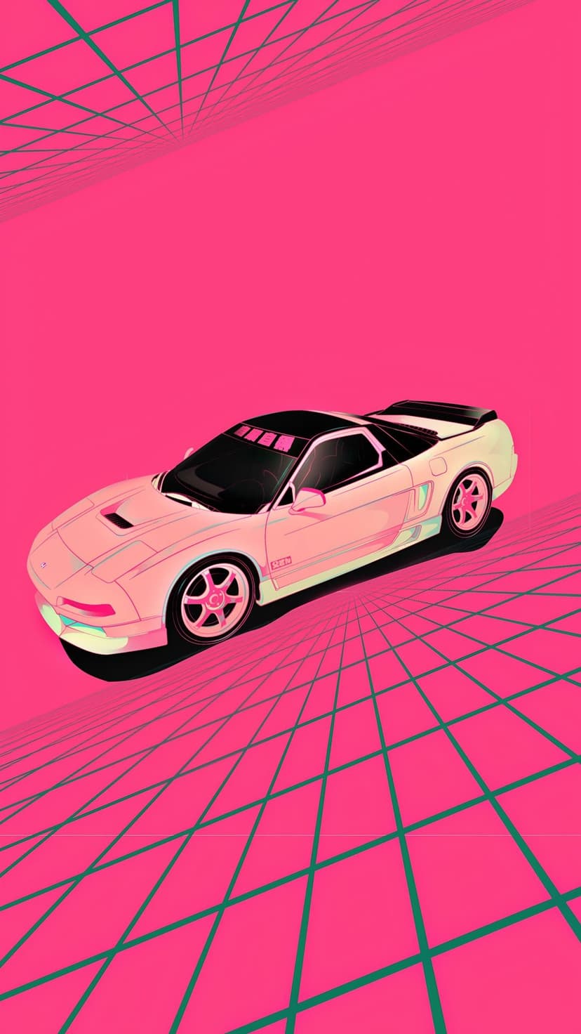 White sports car with sharp lines sits on a glowing neon green grid against a saturated pink background.