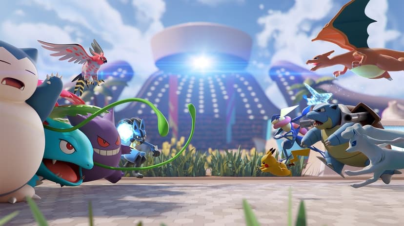 Ten Pokémon engage in a dynamic battle within a sunlit futuristic arena under a bright blue sky.