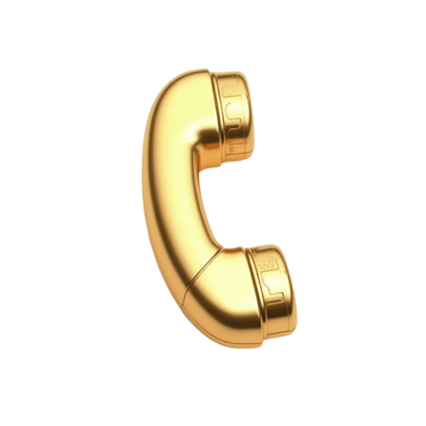 Gold telephone receiver 3D icon with a glossy metallic texture and realistic reflections on a transparent base.