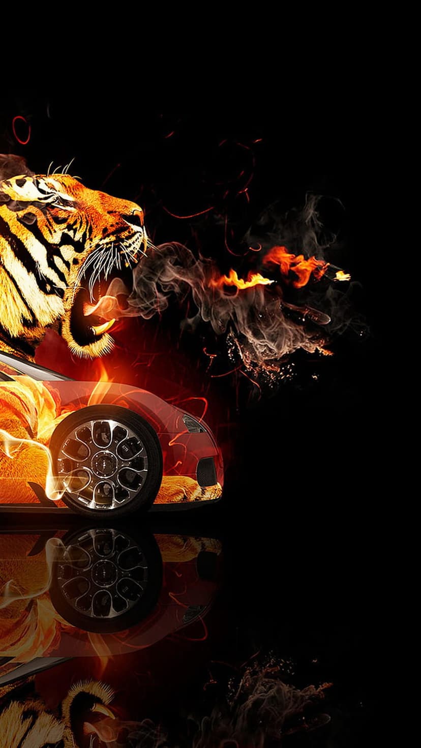 Roaring tiger head with glowing flames positioned above a red sports car engulfed in smoke on a black background.