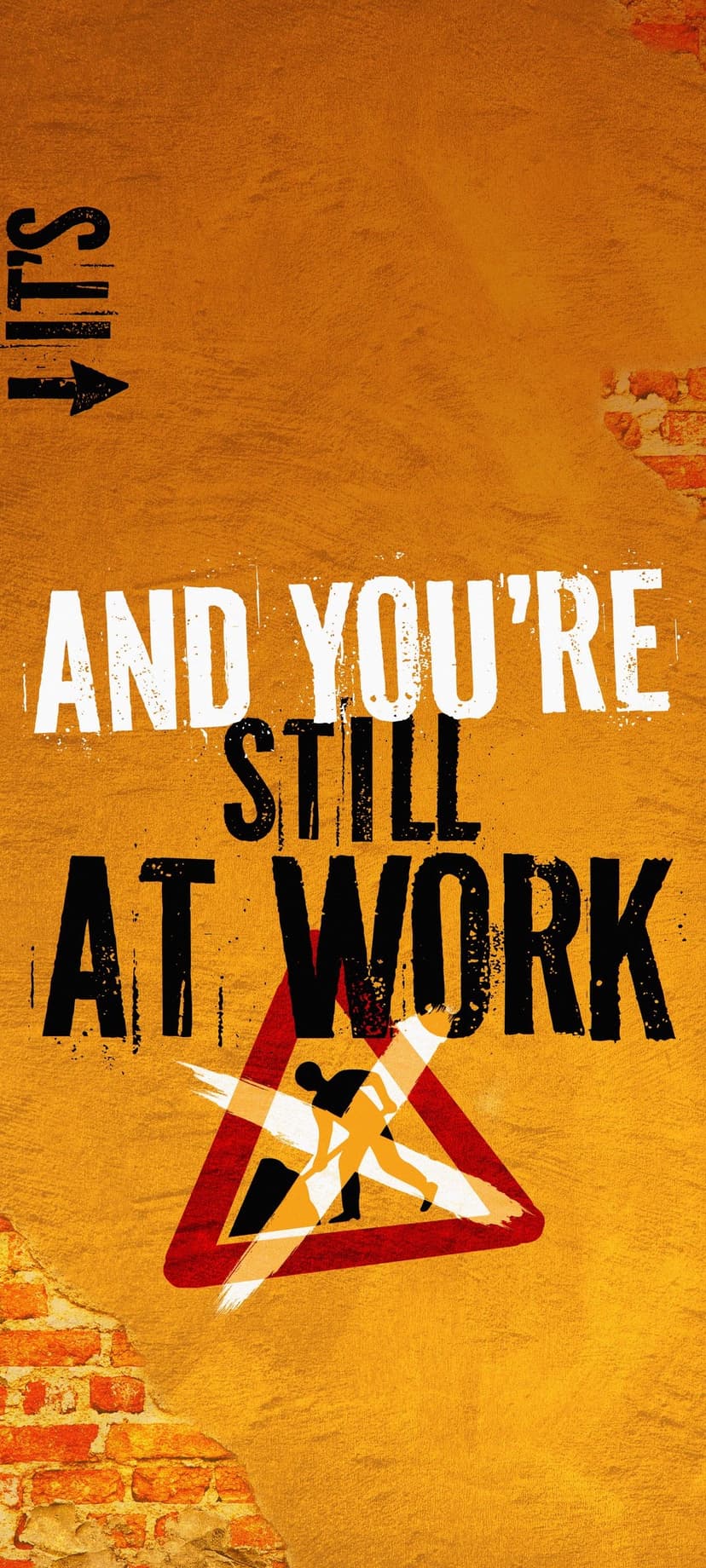 Construction worker warning symbol above white typography on a vibrant grainy orange textured phone background.