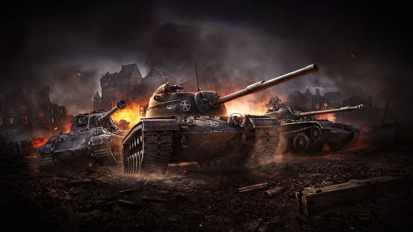Three armored tanks advance through a scorched battlefield amidst fire, smoke, and ruined buildings.