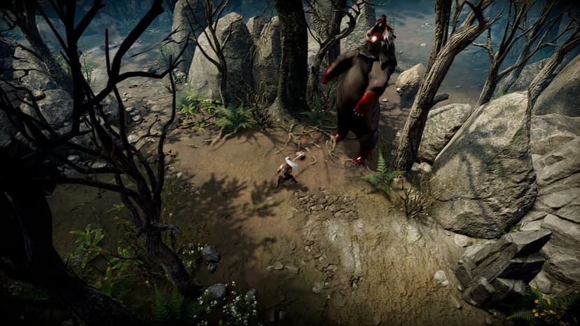 A lone warrior stands before a massive grizzly bear with blood-red paws in a dark, rocky isometric forest.