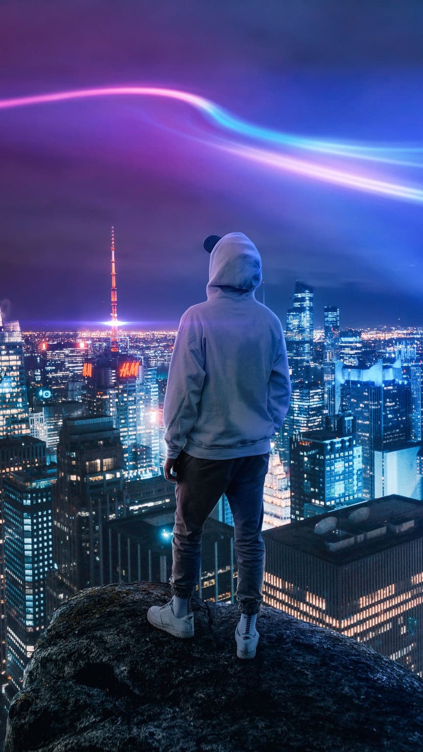 Man silhouetted against a neon city skyline with purple light streaks and towering skyscrapers at night.