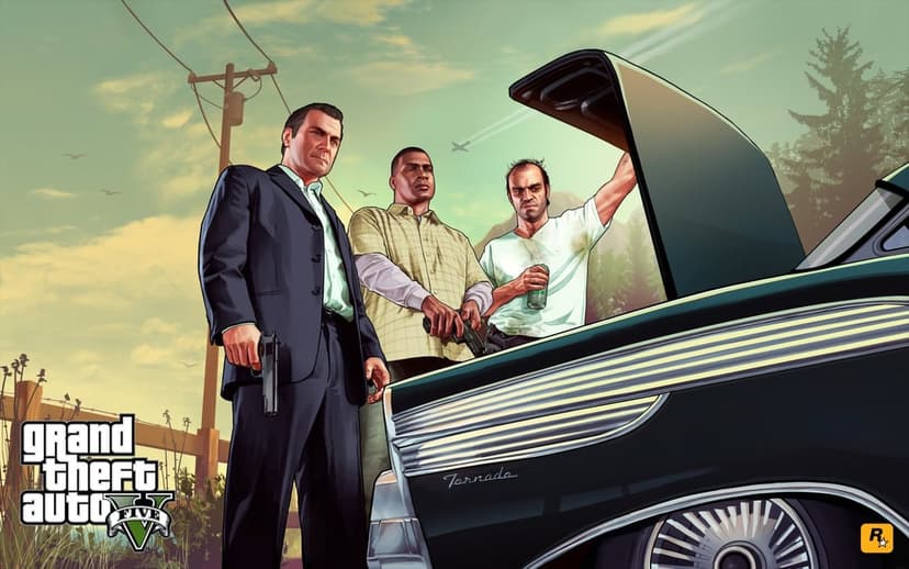 Michael, Franklin, and Trevor look into a car trunk while holding weapons under a golden afternoon sky.