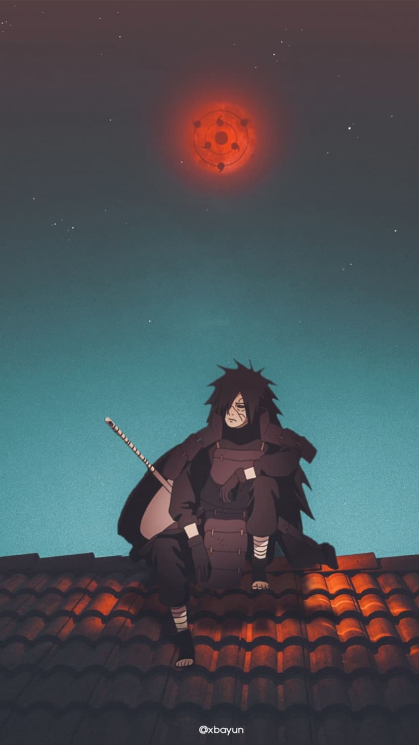 Madara Uchiha sits on a rooftop under a teal sky with a massive red Rinnegan eye glowing in the clouds.