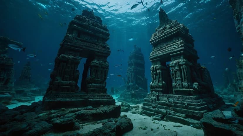 Submerged stone temple ruins with intricate carvings sit on a sandy seabed surrounded by schools of small fish.
