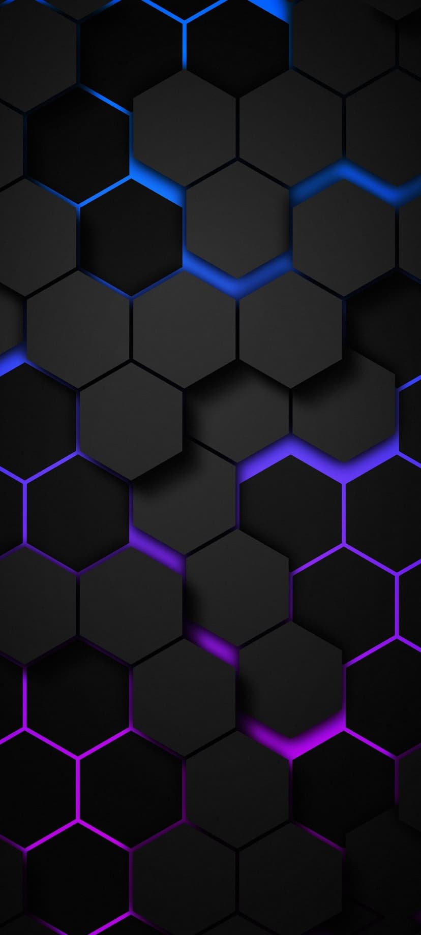 Dark matte hexagons with glowing neon blue and purple light emitting from the narrow crevices between shapes.