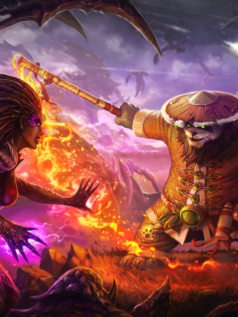 Pandaren monk fighting a winged queen radiating orange fire against a purple sky with flying creatures.