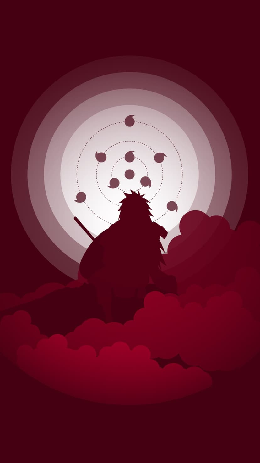 Madara Uchiha silhouette stands against a red sky with dark clouds and the iconic Rinne Sharingan eye pattern.