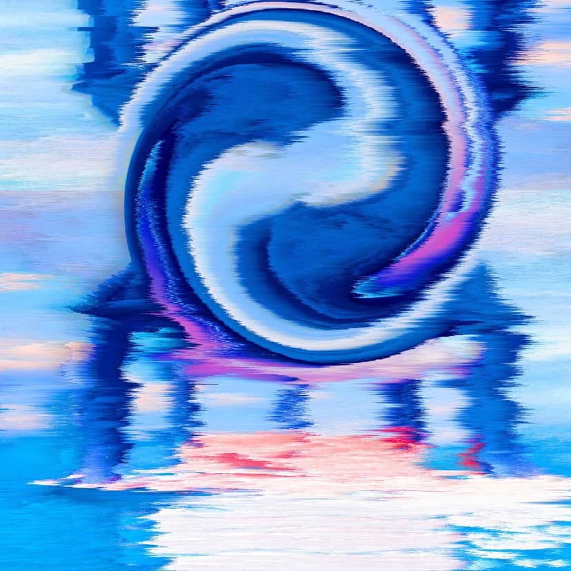 Blue swirling vortex with pixelated glitch distortion reflected across pink and white horizontal bands.