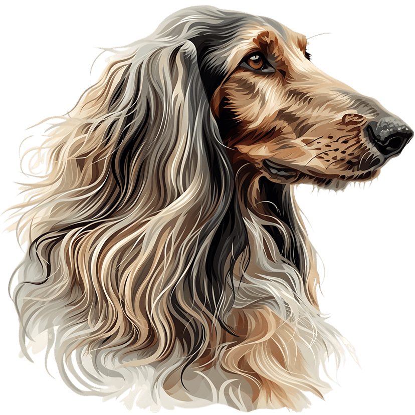 Afghan hound profile portrait shows long flowing cream fur and intelligent eyes in a digital painting style.
