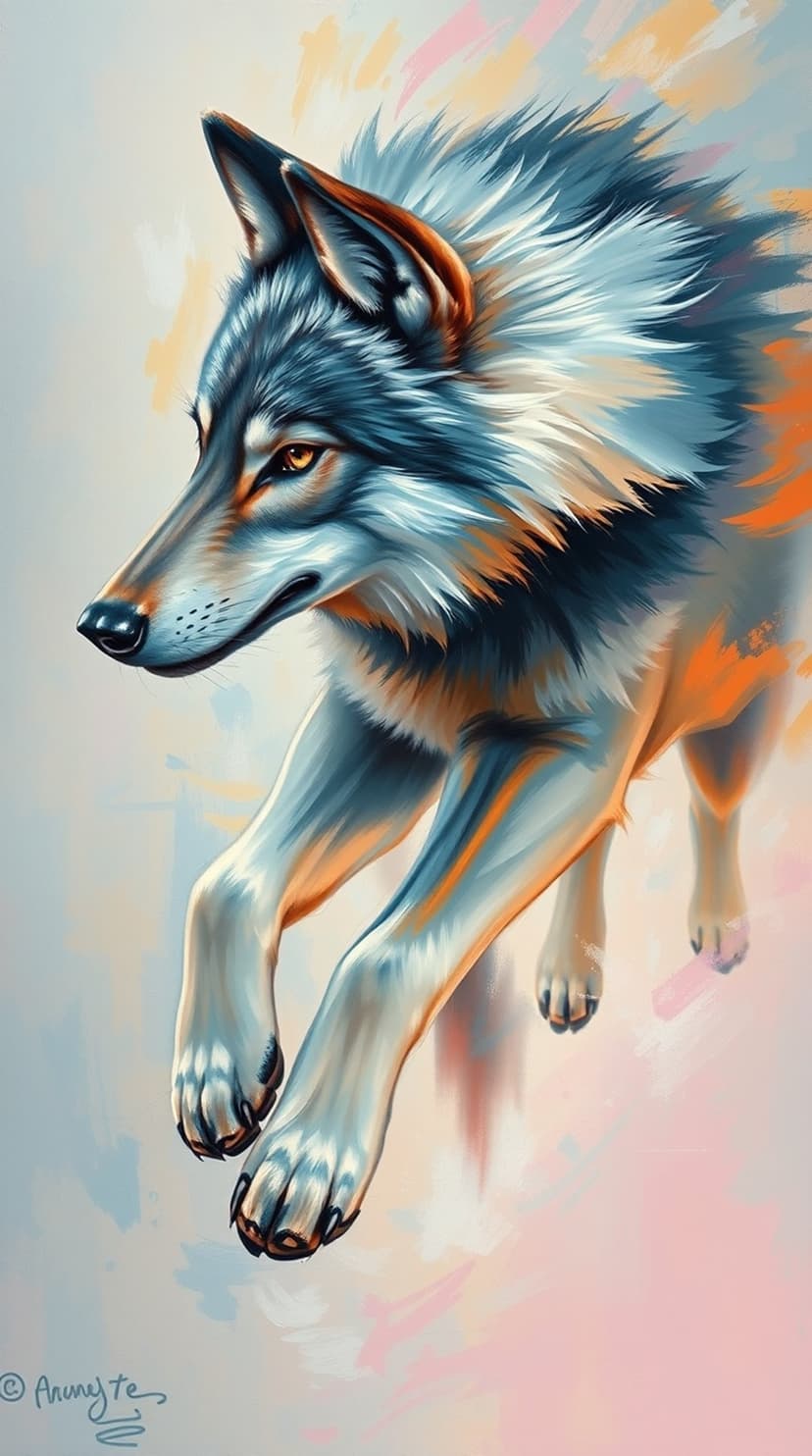 Wolf jumping mid-air with white fur, glowing blue highlights, and orange sparks against a blurred background.