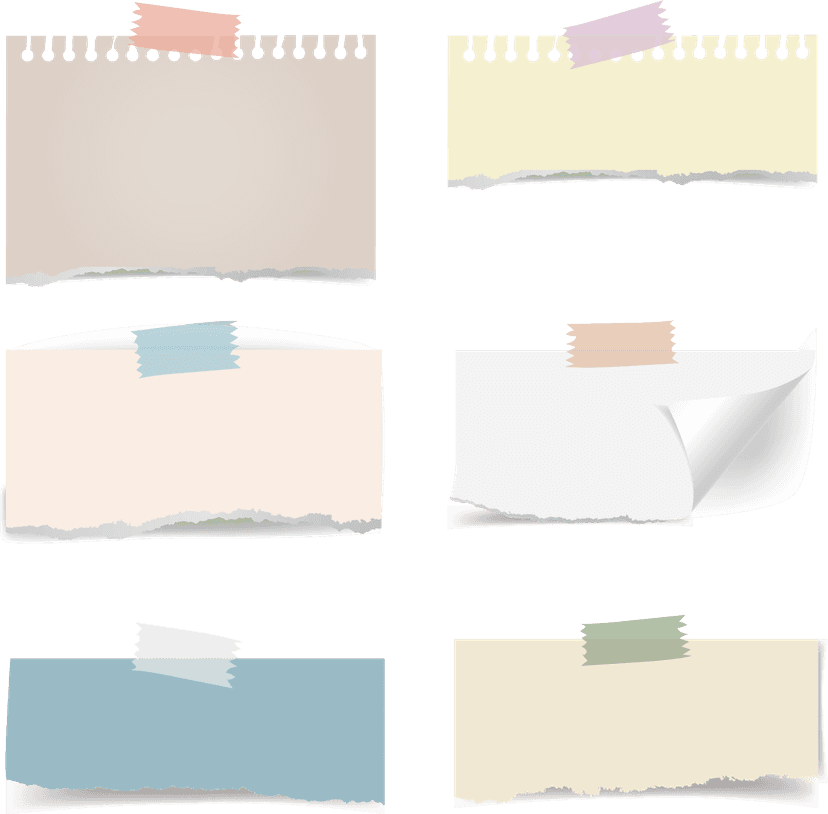 Sticky memo paper stickers with realistic torn edges and translucent tape strips arranged in a grid layout.