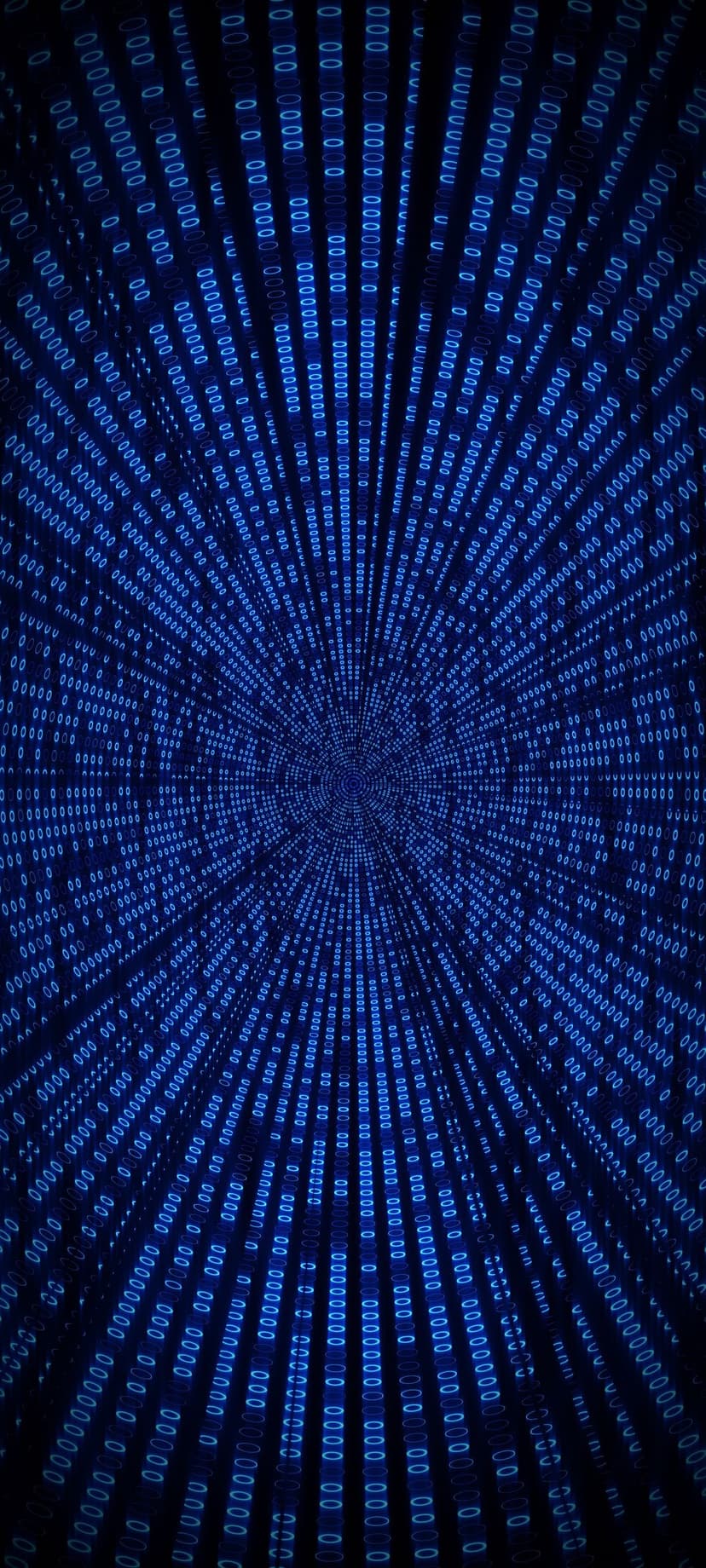 Glowing blue binary code numbers forming a deep perspective tunnel in a dark virtual reality environment.