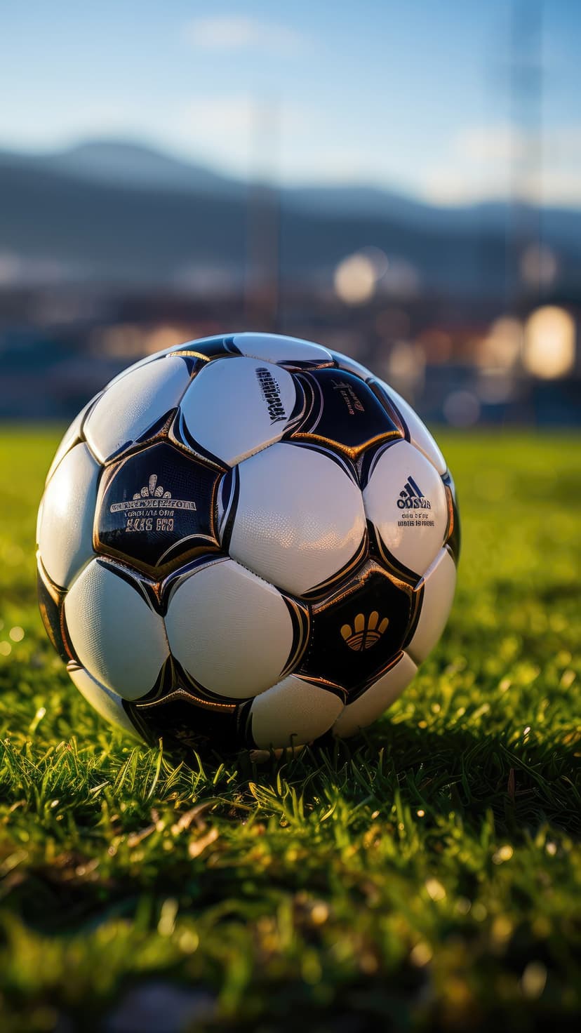 Adidas Tango soccer ball with gold trim sits on vibrant green grass under warm, golden hour sunlight.