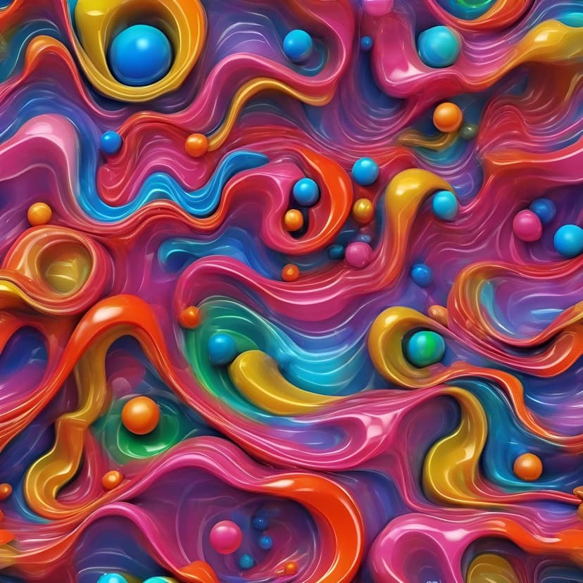Glossy spheres and swirling neon gradients of pink, blue, and orange flow in a dense fluid composition.