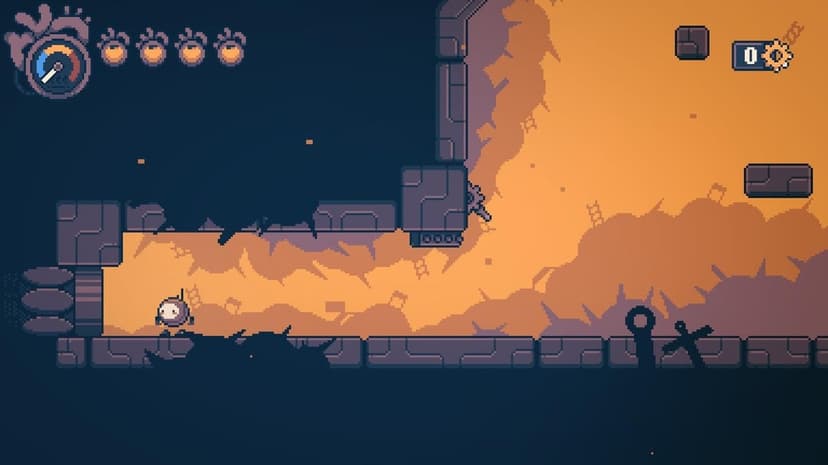 Small robot character in a pixel art game world with dark platforms and a glowing orange sunset background.