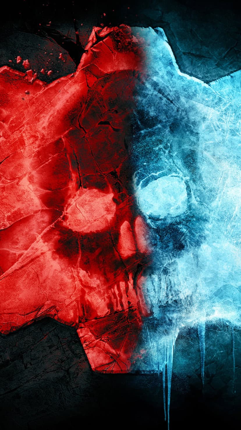 Cog skull with a cracked red magma texture on one side and blue ice shards with frozen icicles on the other.