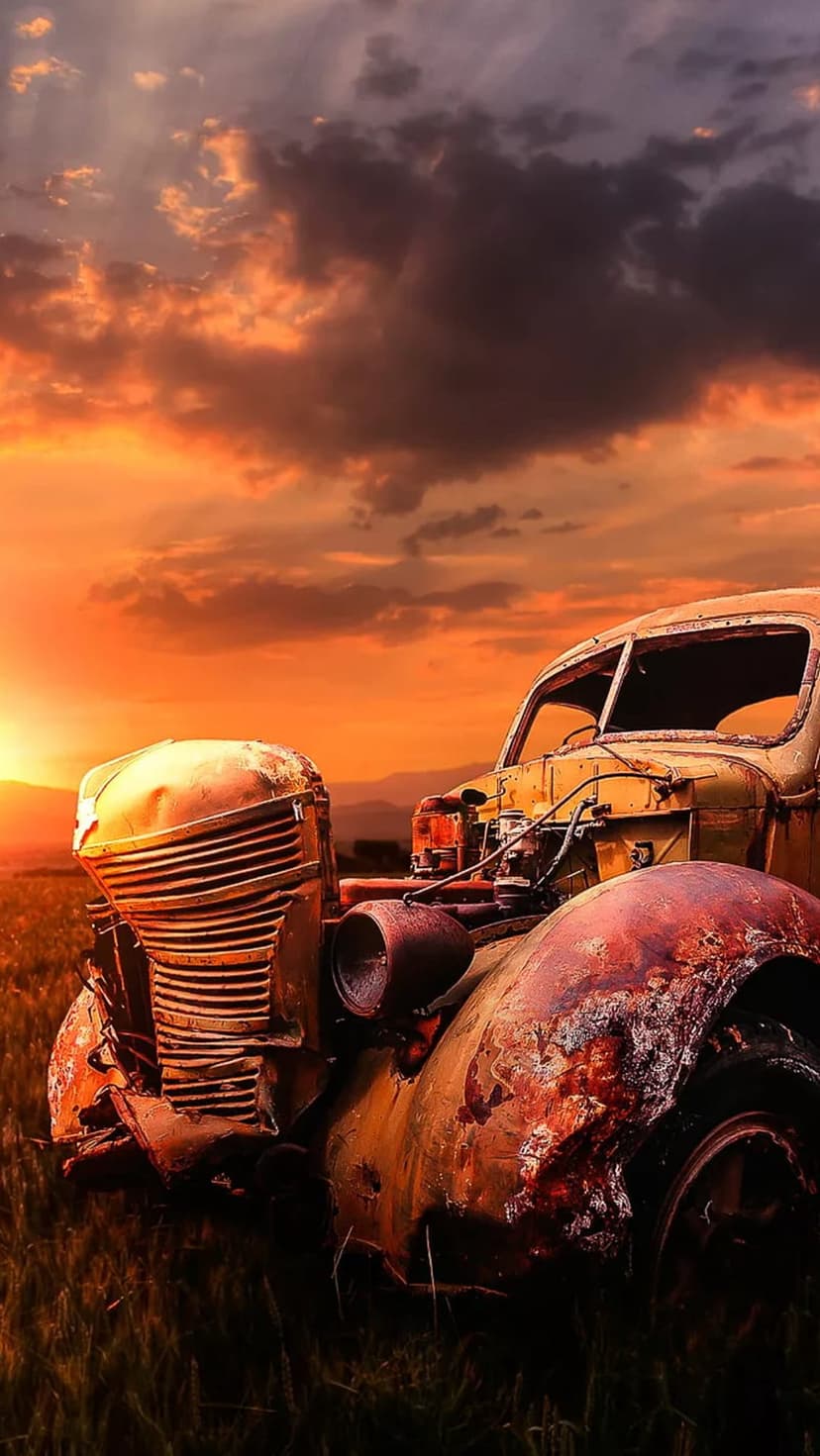 Rusted vintage truck abandoned in a rural field under a vibrant orange and purple sunset sky with clouds.