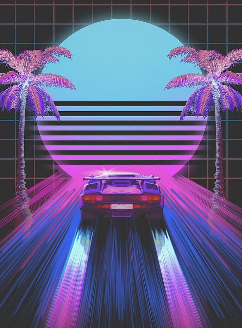 Purple sports car speeds on a neon road between glowing palm trees under a large pastel sun and grid horizon.