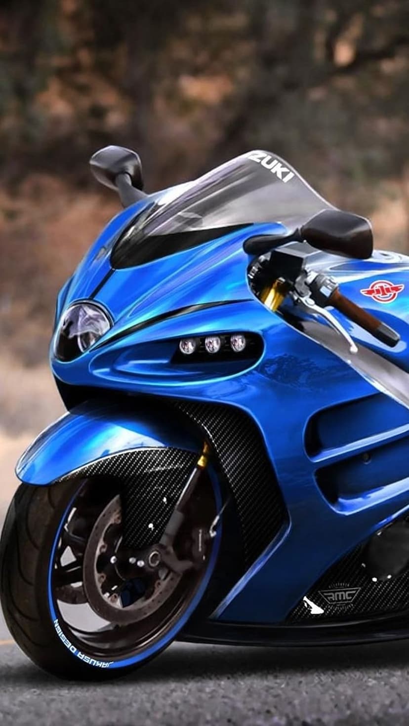 Blue Suzuki GSX-R sportbike with carbon fiber fairings and a detailed front wheel in a sharp vertical profile.