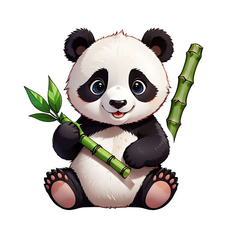 Baby panda sticker holding a green bamboo stalk shows soft fur textures, blue eyes, and black white markings.