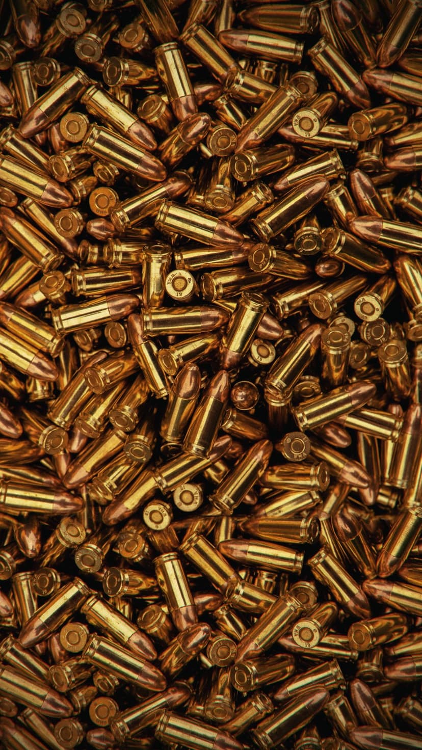 Brass bullet cartridges piled together with polished metallic surfaces reflecting light in a macro close-up shot.