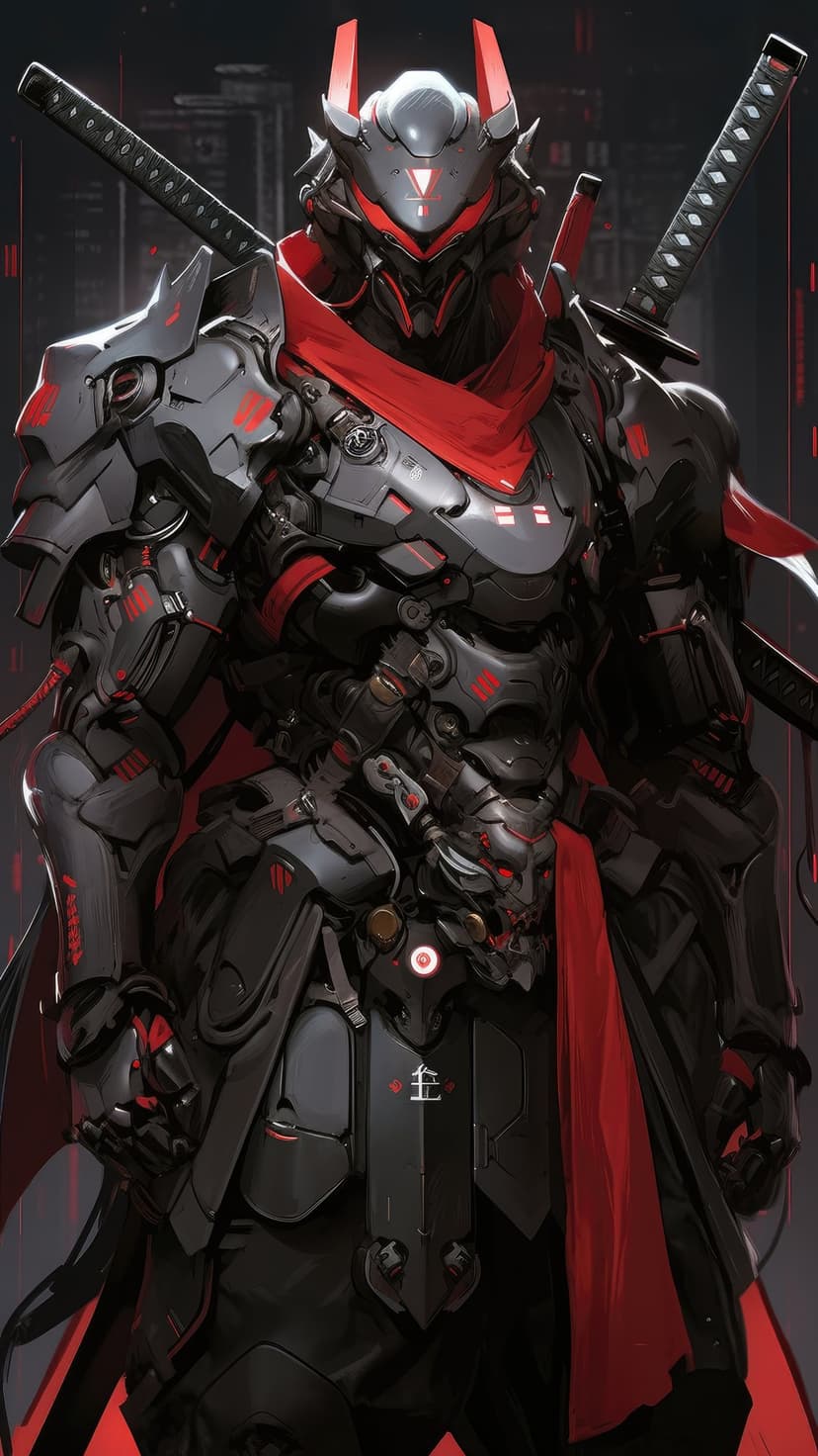 Samurai warrior wearing black mechanical armor and a red scarf holds katanas with glowing crimson eyes visible.