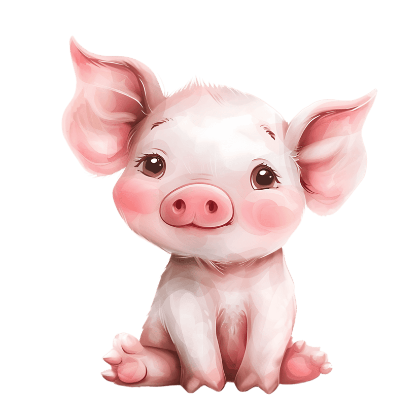 Watercolor piglet illustration with pink snout and large ears sitting calmly on a transparent background.