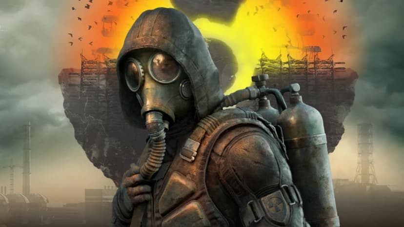 Stalker wearing a gas mask and hood stands before a glowing orange portal and industrial ruins.