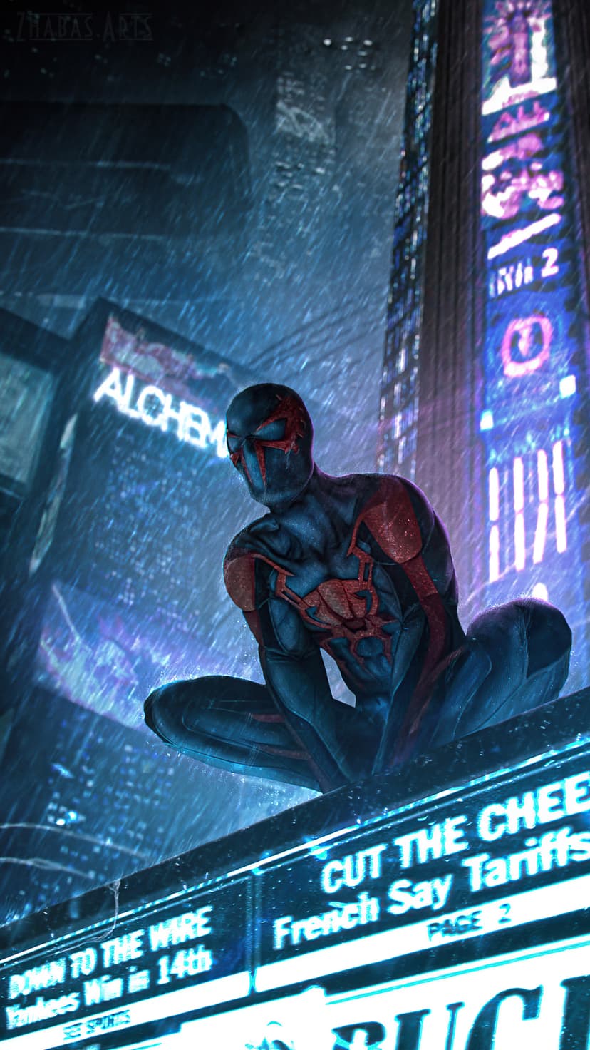 Spider-Man 2099 in a red and blue suit perches on a rainy rooftop overlooking a neon cyberpunk city at night.