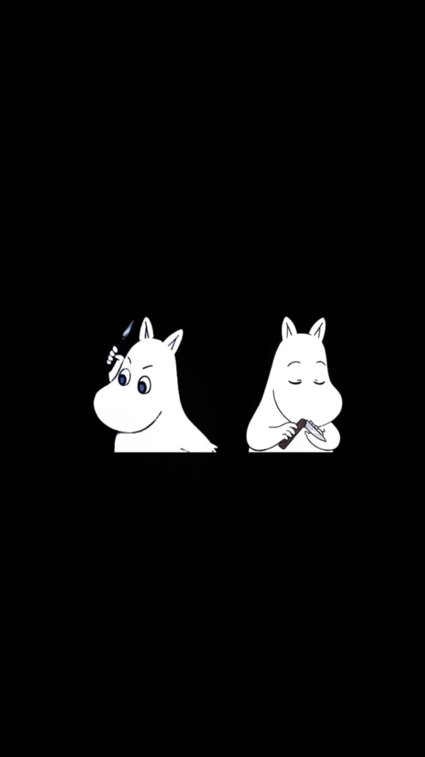White Moomin characters peeking from the bottom while holding silver knives against a solid black background.