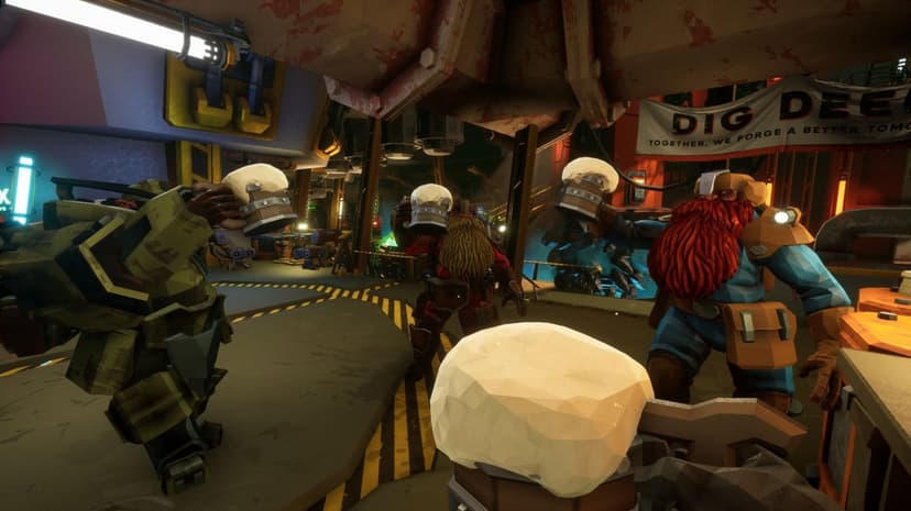 Four armored dwarves raise mugs of frothy beer in a dimly lit industrial mining station with yellow floor stripes.