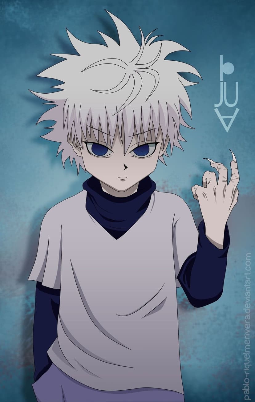 Killua Zoldyck with white spiky hair, glowing blue eyes, and sharp claws wears a turtleneck and purple pants.