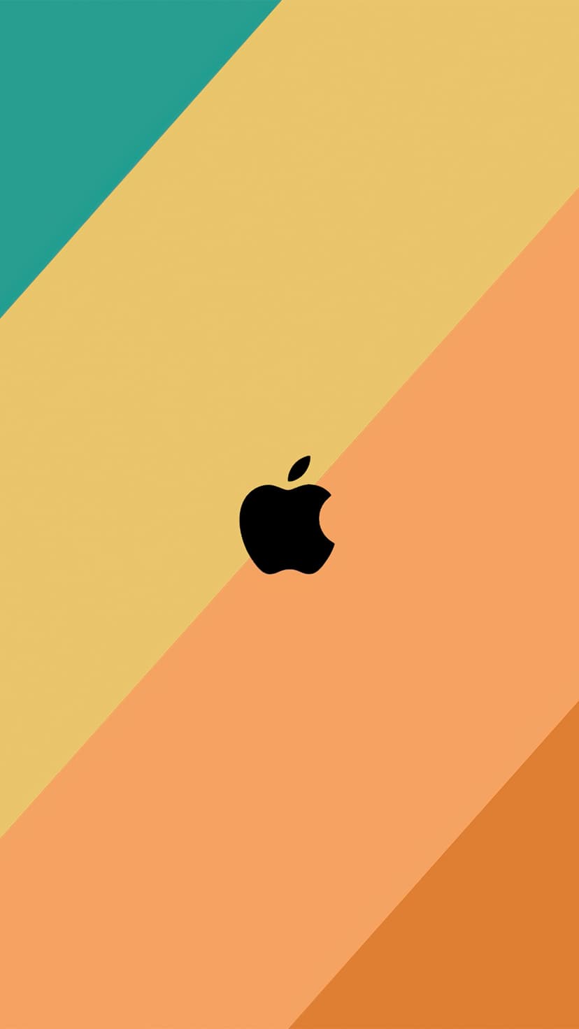 Black Apple logo centered on diagonal teal, yellow, and orange color blocks in a minimalist portrait layout.