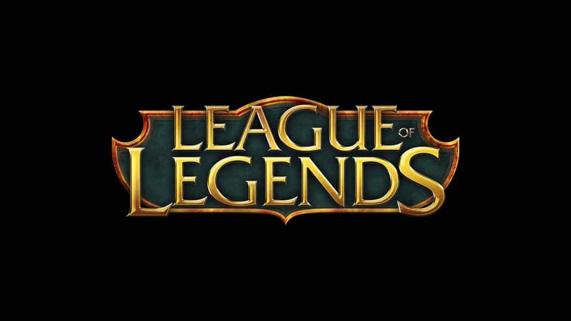 Golden League of Legends 3D logo with textured metallic lettering against a dark teal stone background and black void.