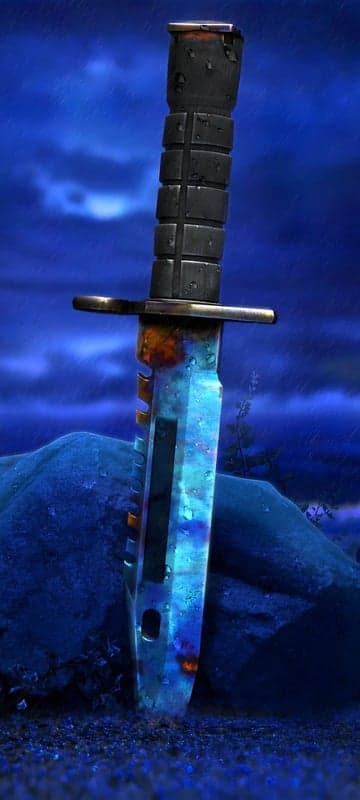 Glowy Blue Knife in Rainy Night Landscape