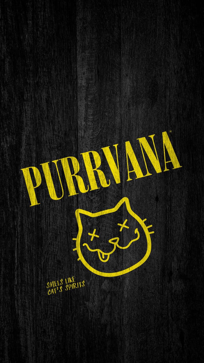 Grinning cat face with crossed-out eyes and tongue out centered on a dark vertical wood grain background.