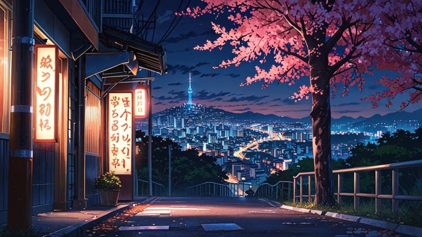 Pink cherry blossom tree overlooks a shimmering night cityscape with glowing lanterns and a distant tower.