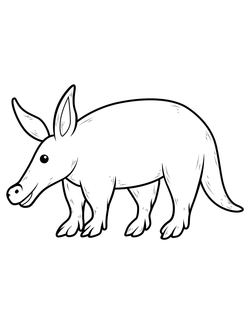 Aardvark line art illustration showing a side profile with large ears, long snout, and thick legs.