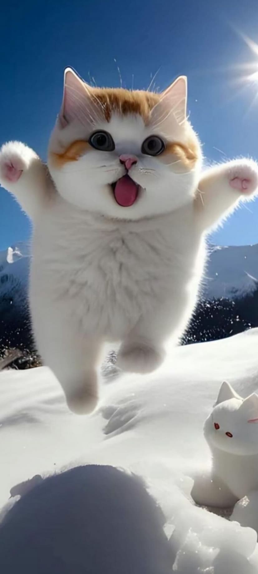 Ginger and white cat mid-leap in deep snow with its pink tongue visible against a bright blue sky and mountains.
