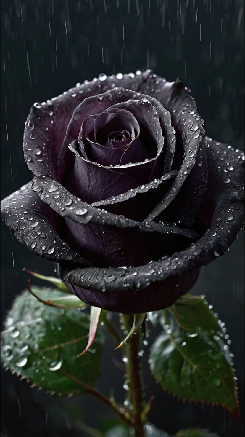 Black rose petals covered in translucent water droplets during a rain shower in a macro floral close-up.