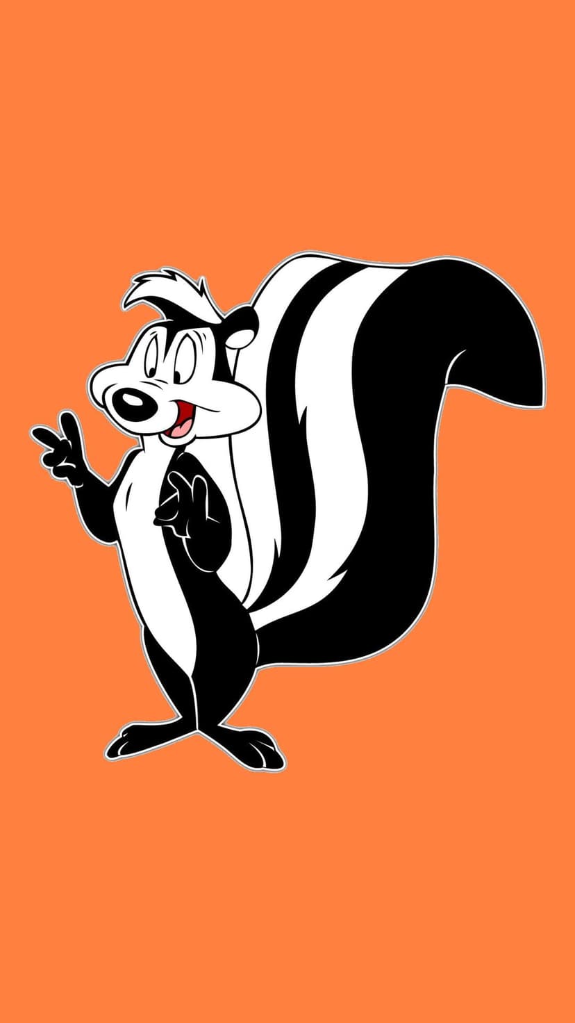 Pepe Le Pew stands with one paw raised against a solid orange background, showing black fur and a white stripe.