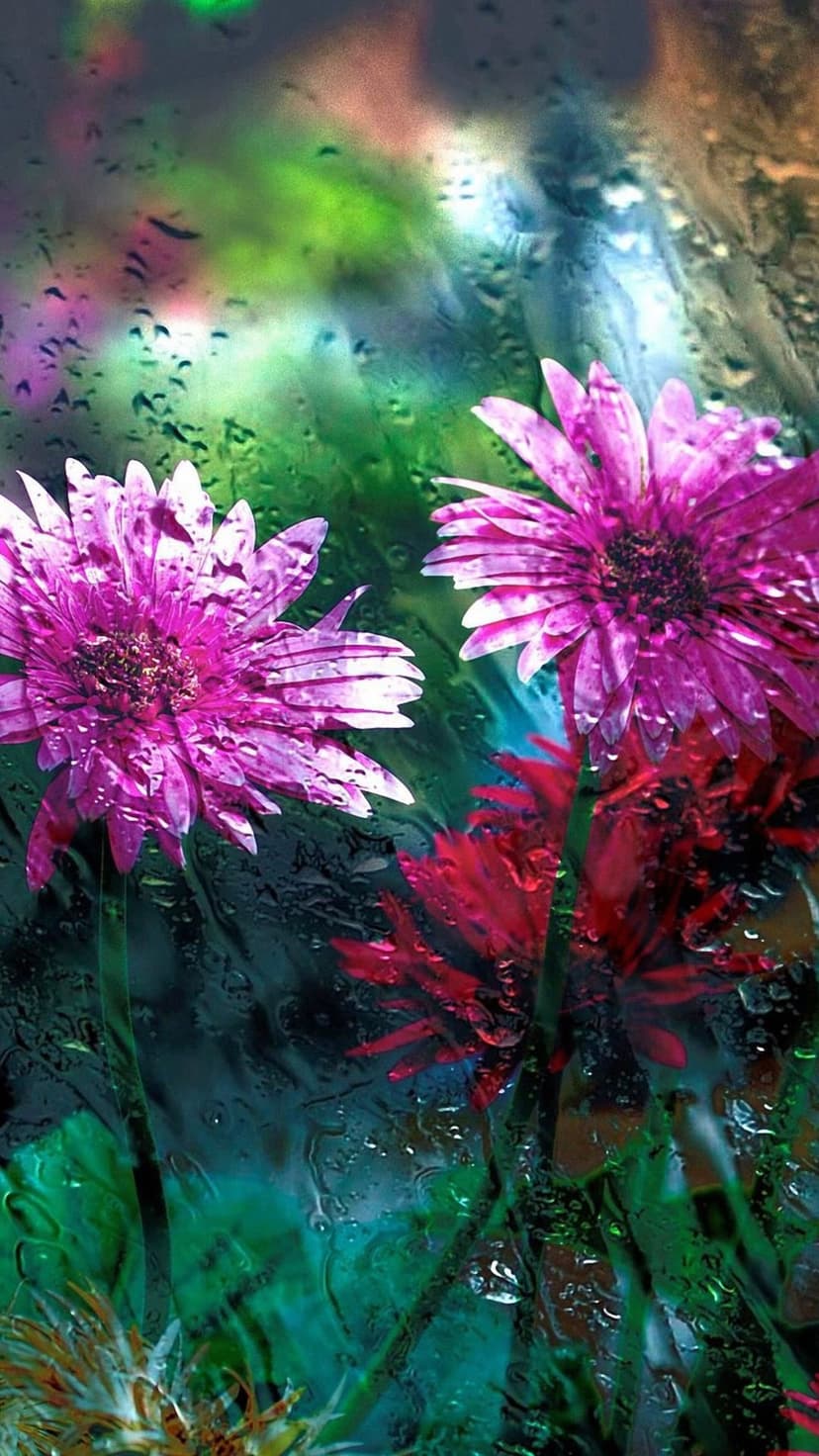 Two pink aster flowers behind a glass pane covered in sliding water droplets and blurred green garden foliage.