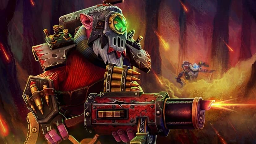Fantasy sniper with a glowing green eye holding a large red gun in a burning forest with falling embers.
