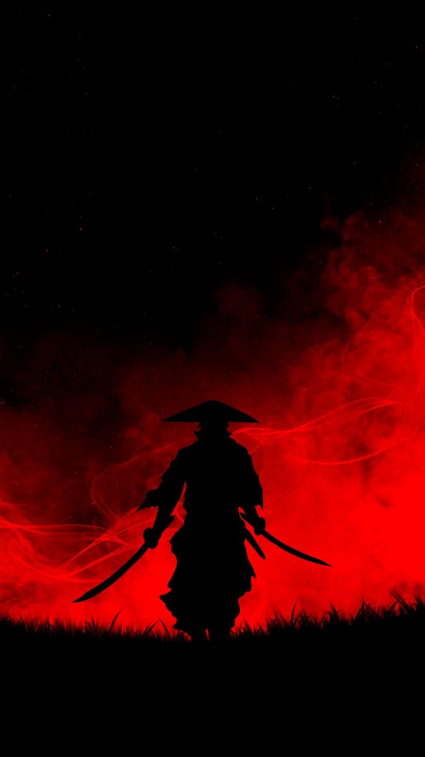 Samurai warrior silhouette standing in tall grass with two swords against swirling red smoke and a starry sky.