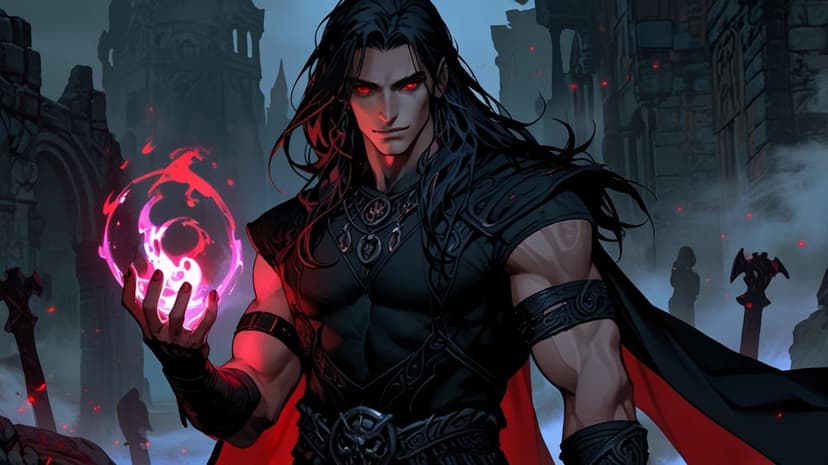 Male warlock with long black hair and red eyes holding a glowing crimson orb in a foggy, ruined gothic city.