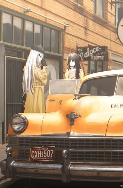 Anime girls at vintage car outside Palace Rooms
