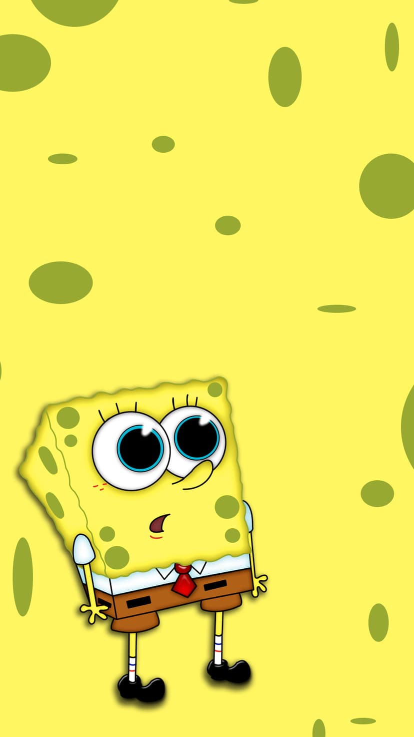 SpongeBob SquarePants stands with a joyful expression on a yellow background featuring green sponge-like dots.